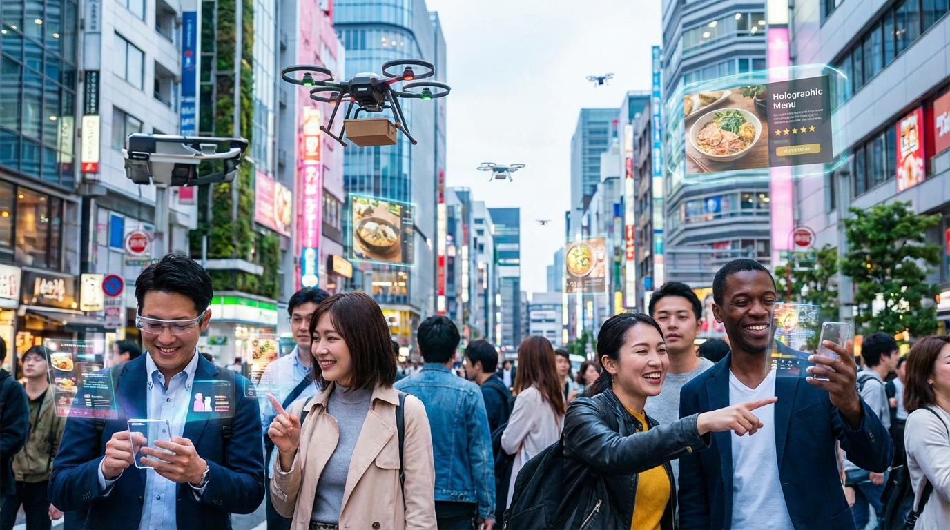 2026年の未来的な都市と、スマートフォンで飲食店を検索する人々が融合した、先進的で活気のあるイメージ