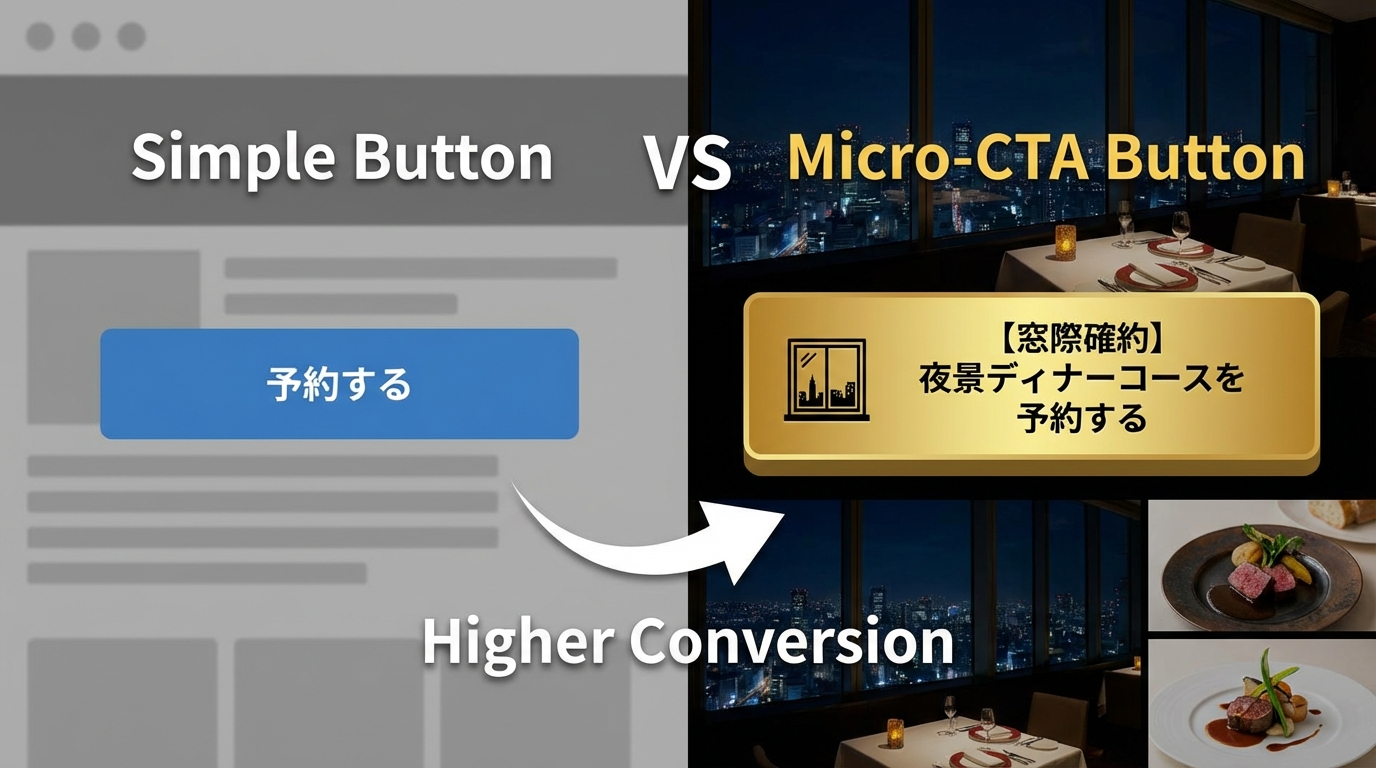 「予約する」という単純なボタンと、「【窓際確約】夜景ディナーコースを予約する」という具体的なマイクロCTAボタンの比較UIデザイン