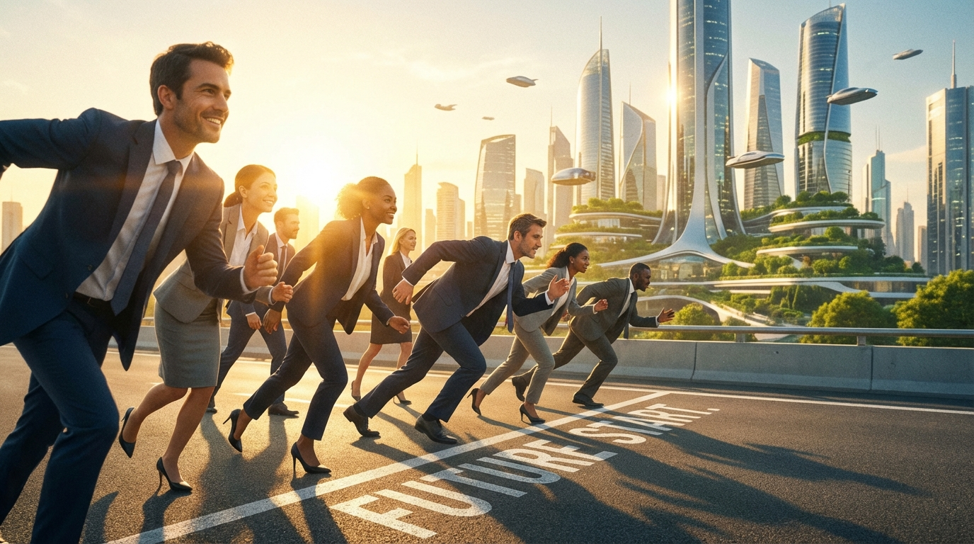 スタートラインに立つビジネスパーソンが、未来の都市に向かって走り出すイメージ。希望に満ちた朝日が差し込んでいる。
