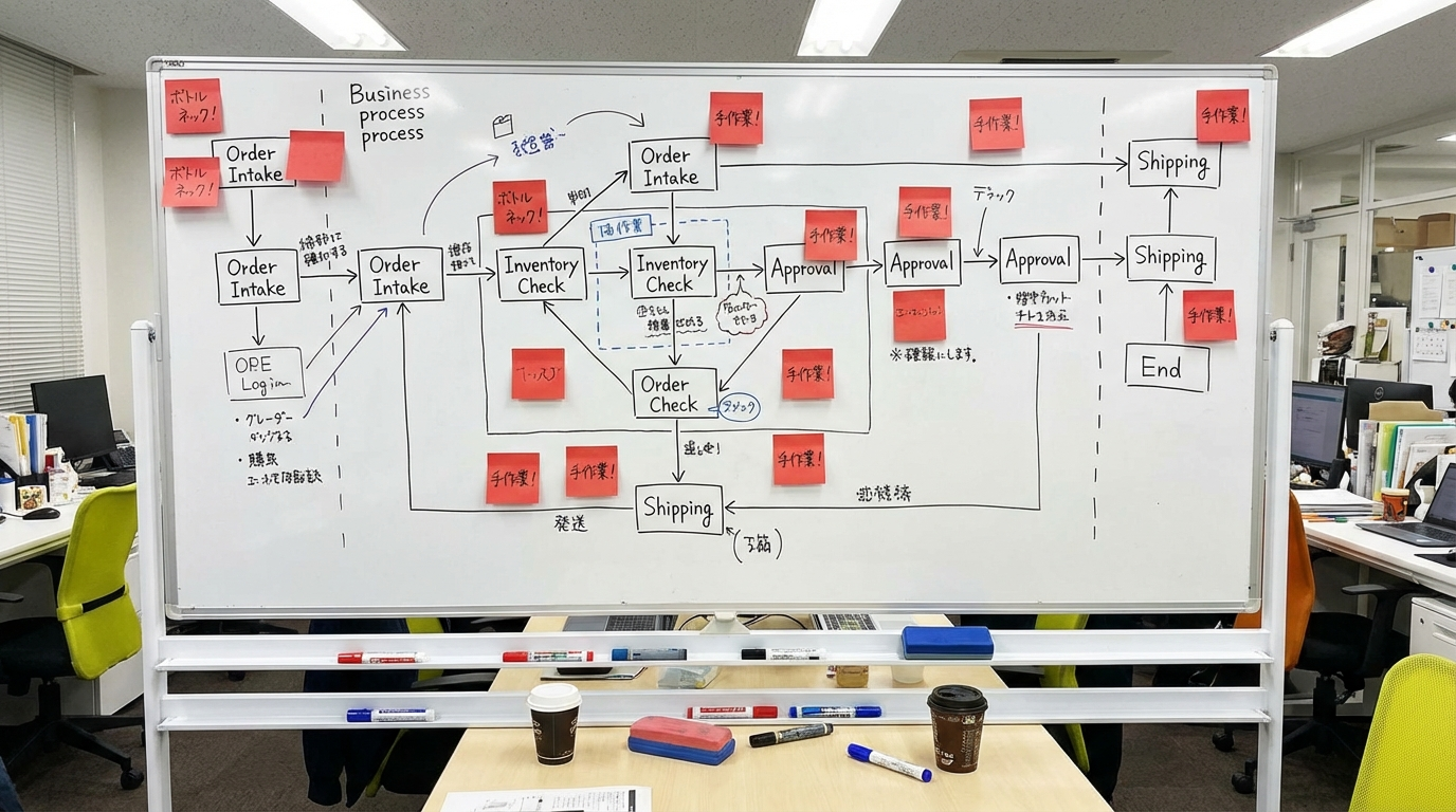 ホワイトボードに描かれた複雑な業務フロー図。いくつかの箇所に「ボトルネック！」や「手作業！」といった赤い付箋が貼られている様子。