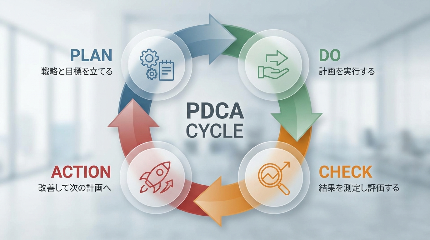 Plan, Do, Check, Actionの4つの要素が矢印で繋がった、洗練されたデザインのPDCAサイクルのインフォグラフィック。
