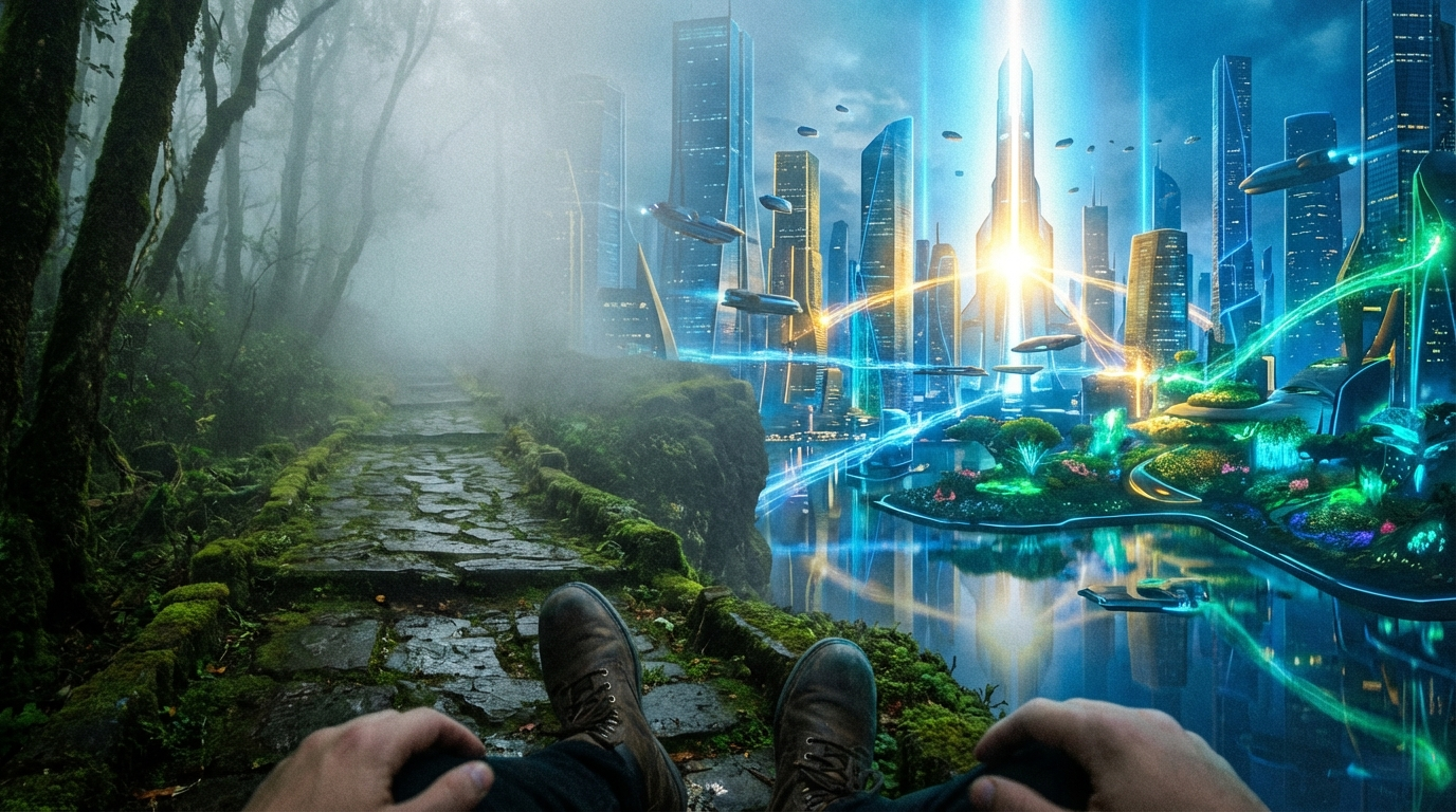 霧がかった道を抜けた先に、光り輝く未来的な都市が広がっている風景。読者の視点からその都市を見ているような構図。