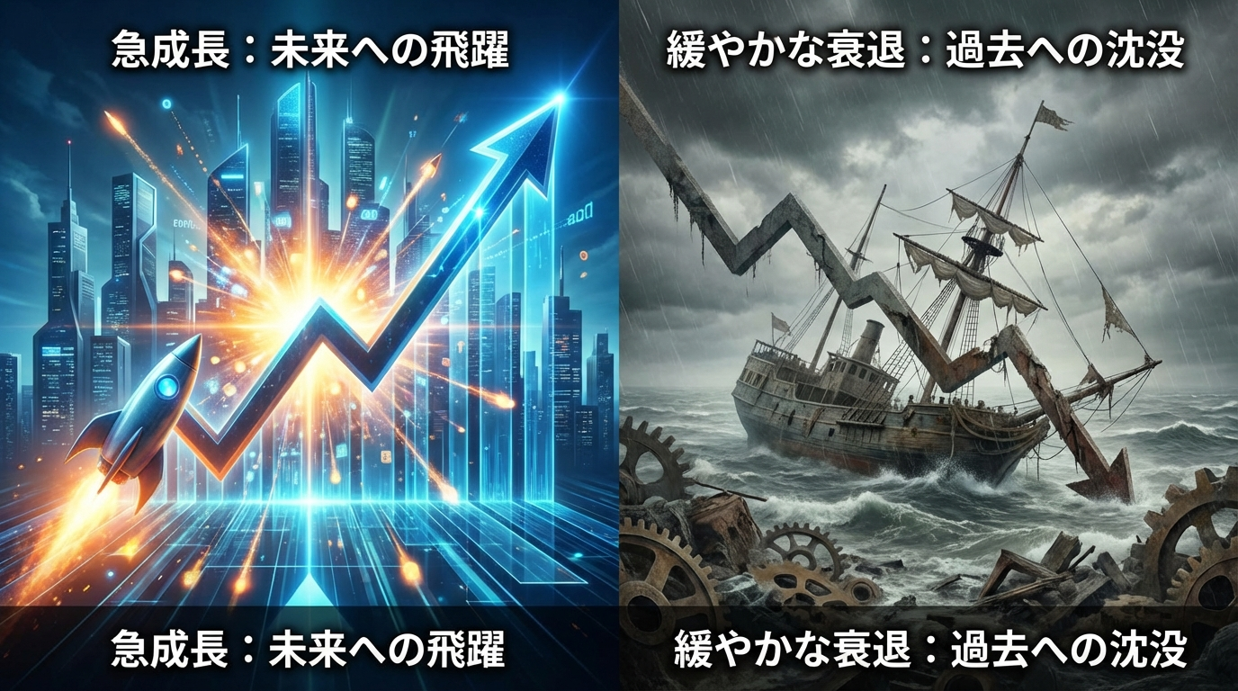 右肩上がりに急成長する企業のグラフと、緩やかに下降していく企業のグラフを対比させた、インパクトのある比較図。