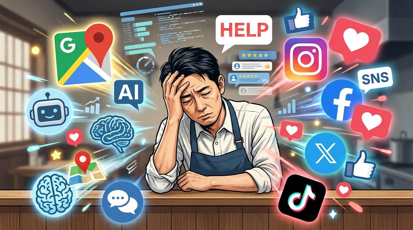 悩んでいる飲食店のオーナーと、その周りにGoogleマップ、AI、SNSなどのアイコンが飛び交っているイメージ