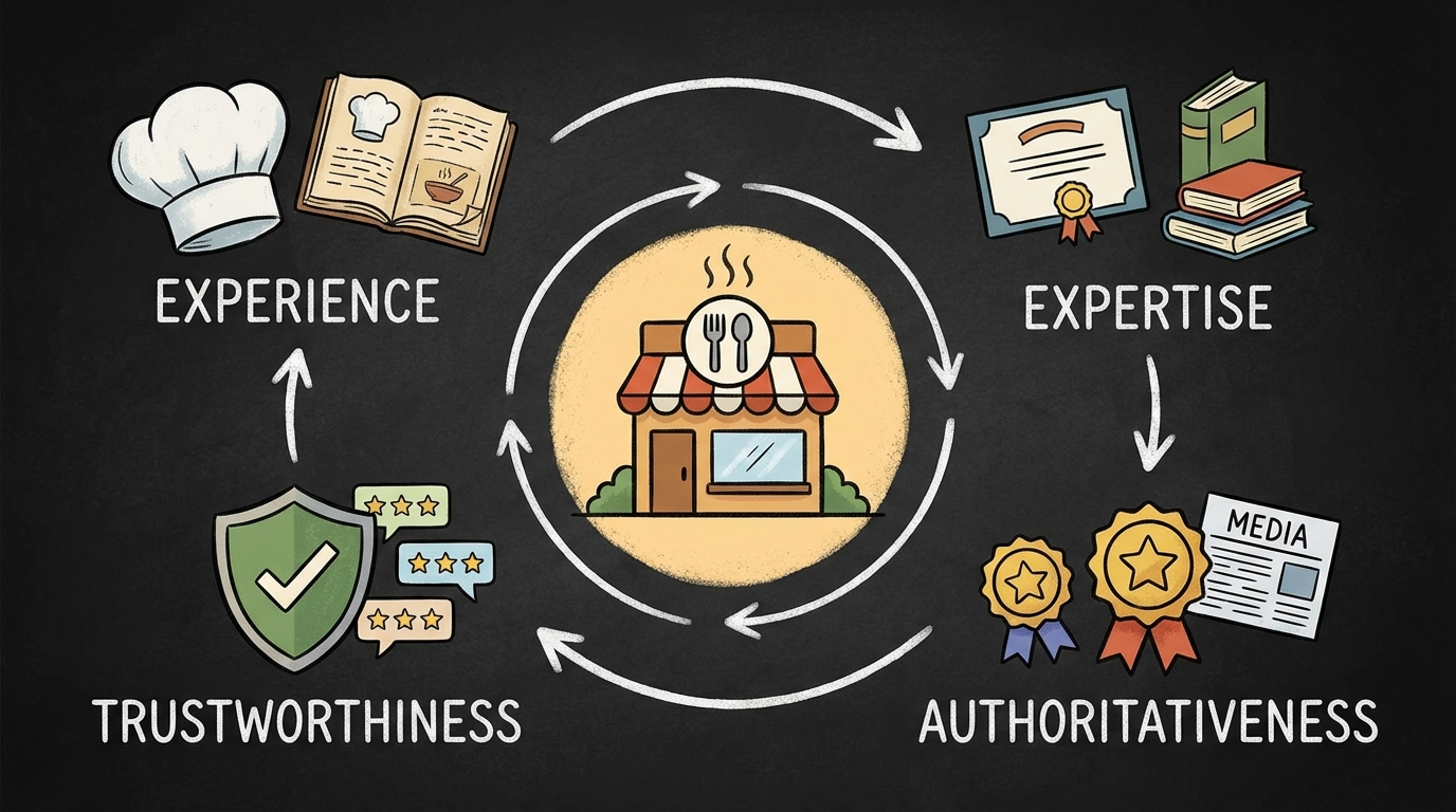 「Experience」「Expertise」「Authoritativeness」「Trustworthiness」の4つの要素が円を描くように配置され、中央に飲食店のアイコンがあるインフォグラフィック