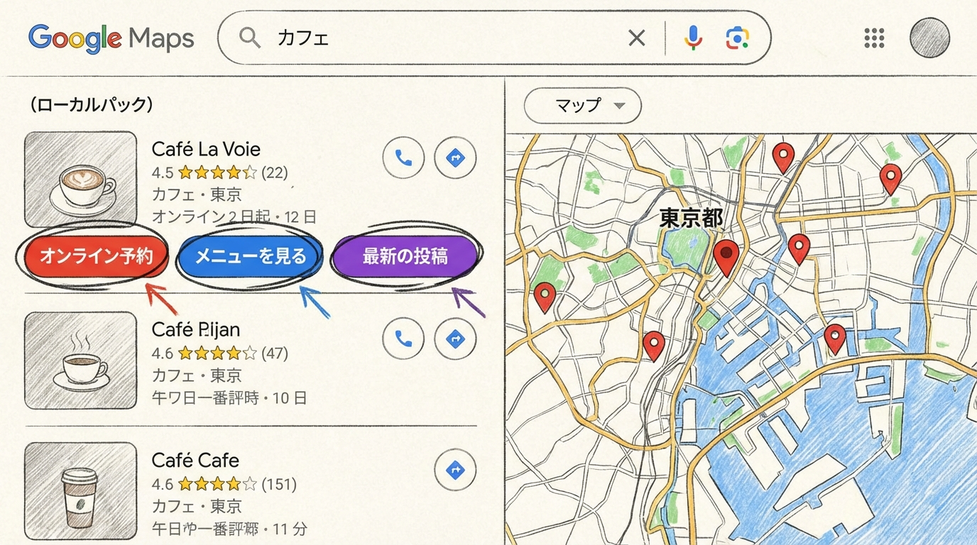 Googleマップの検索結果（ローカルパック）のスクリーンショット風イラスト。店舗情報に「オンライン予約」「メニューを見る」「最新の投稿」などのボタンが強調されている