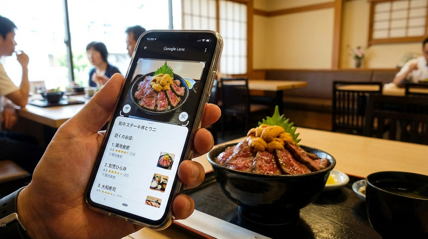 スマートフォンを料理にかざし、Googleレンズで検索している様子。画面には料理名や似た料理を提供している近くの店の情報が表示されているイメージ