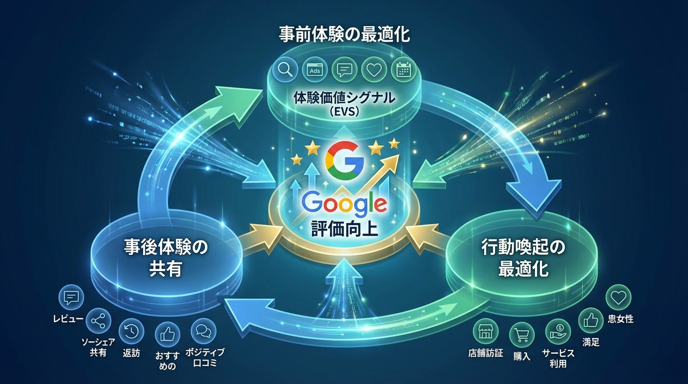 「体験価値シグナル（EVS）」の3つの柱（事前体験の最適化、行動喚起の最適化、事後体験の共有）が相互に連携し、Googleの評価を高めていく様子を示すインフォグラフィック