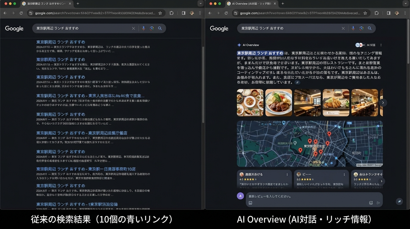 従来の10個の青いリンクが並ぶ検索結果と、AIが対話形式でリッチな情報（画像、地図、レビュー抜粋）を提示するAI Overview（旧SGE）の比較画面