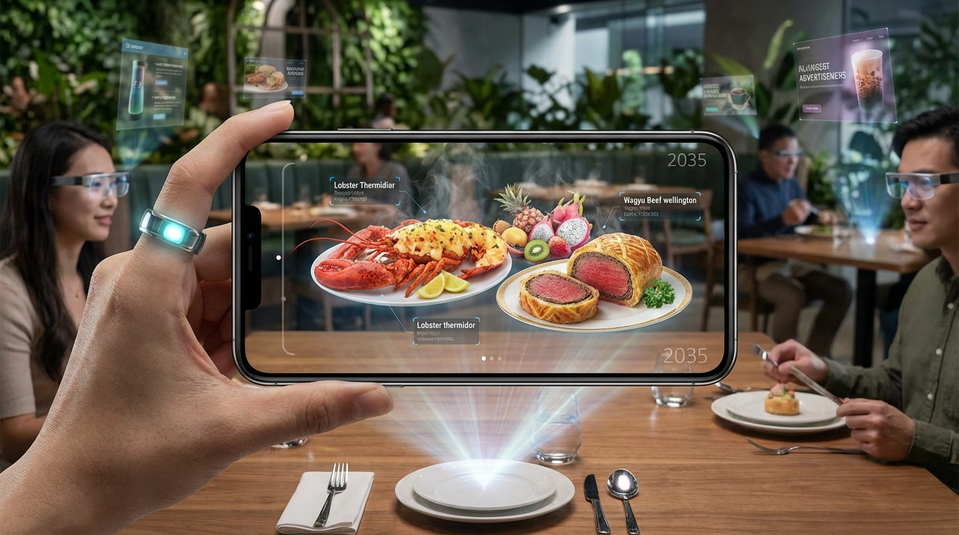 スマートフォンの画面に、AR技術でテーブルの上に実物大の料理が表示されている未来的なイメージ